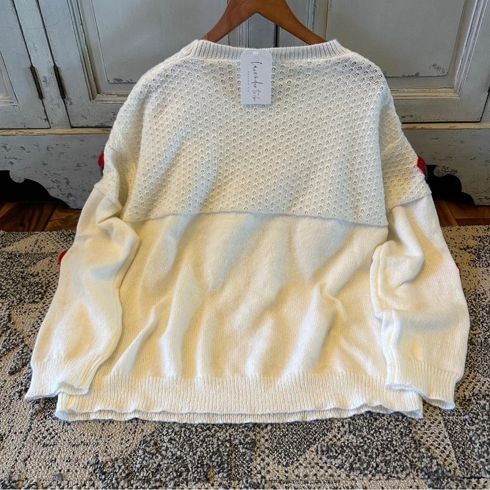 New Farmers Market Strawberry Embroidered  Crochet White Knit Sweater Top - Picture 7 of 9